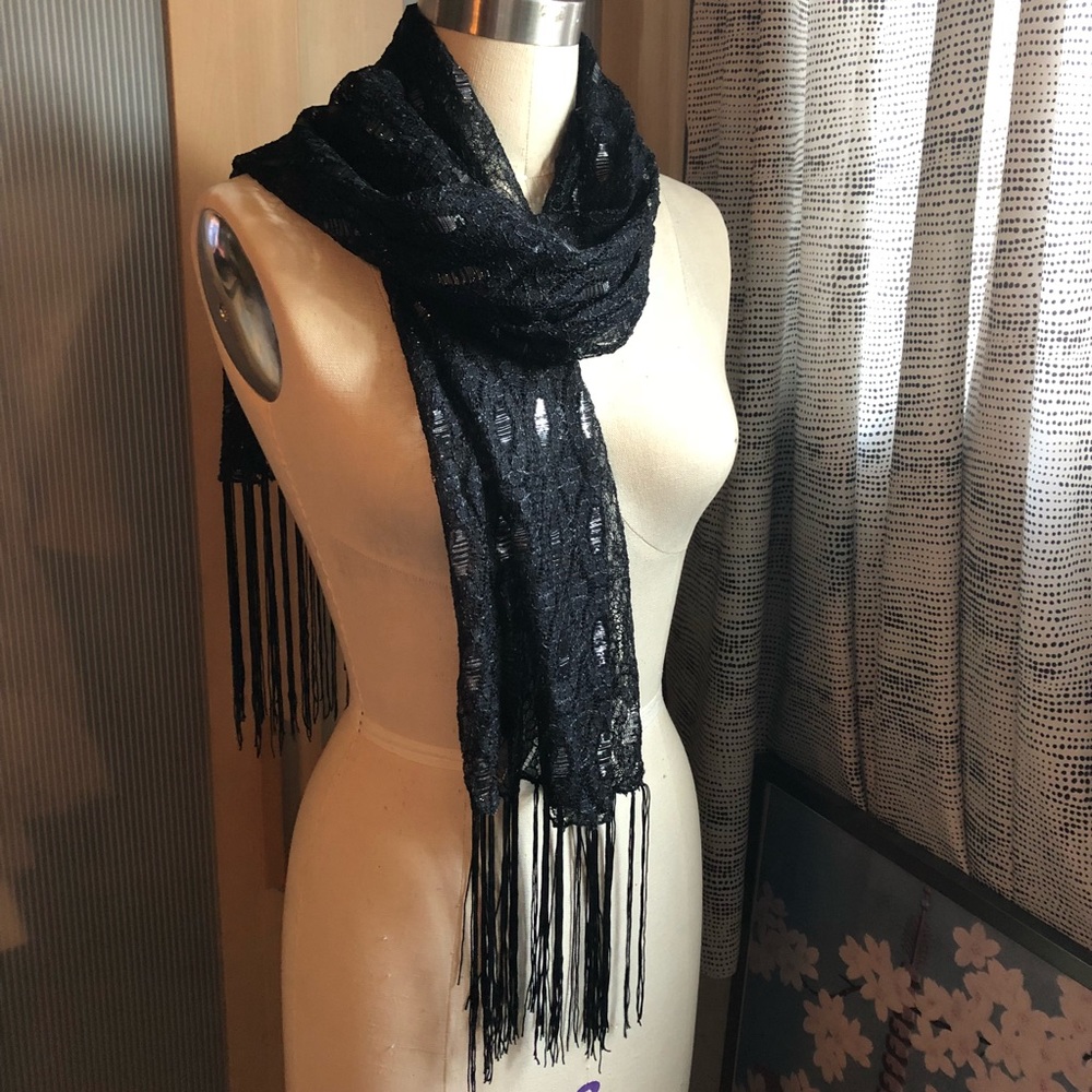 Black Lace w/ metallic emb & tassels Scarf